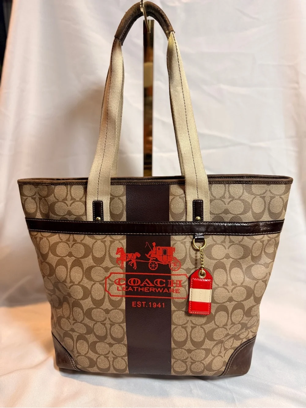 Coach Beige Signature Canvas Tote with Brown Trim and Red Logo